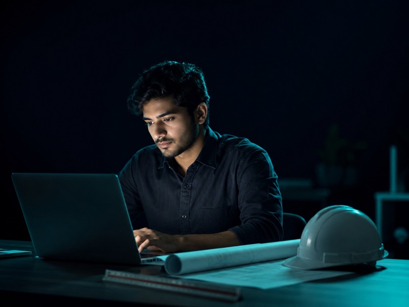 Engenheiro jovem trabalhando sozinho no laptop numa sala escura, com capacete de obra, prancha de projeto enrolada e escalímetro sobre a mesa