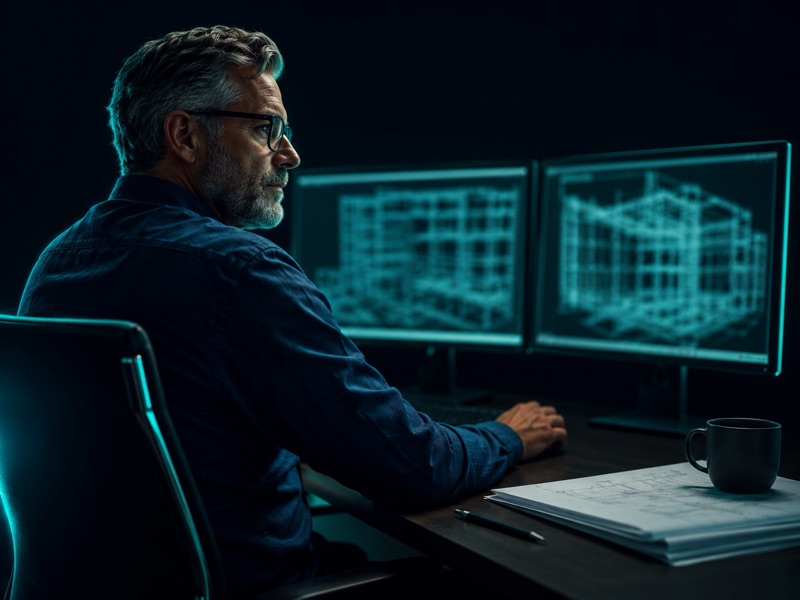 Engenheiro experiente diante de dois monitores que exibem a estrutura de um edifício em wireframe, com pranchas impressas e caneta sobre a mesa